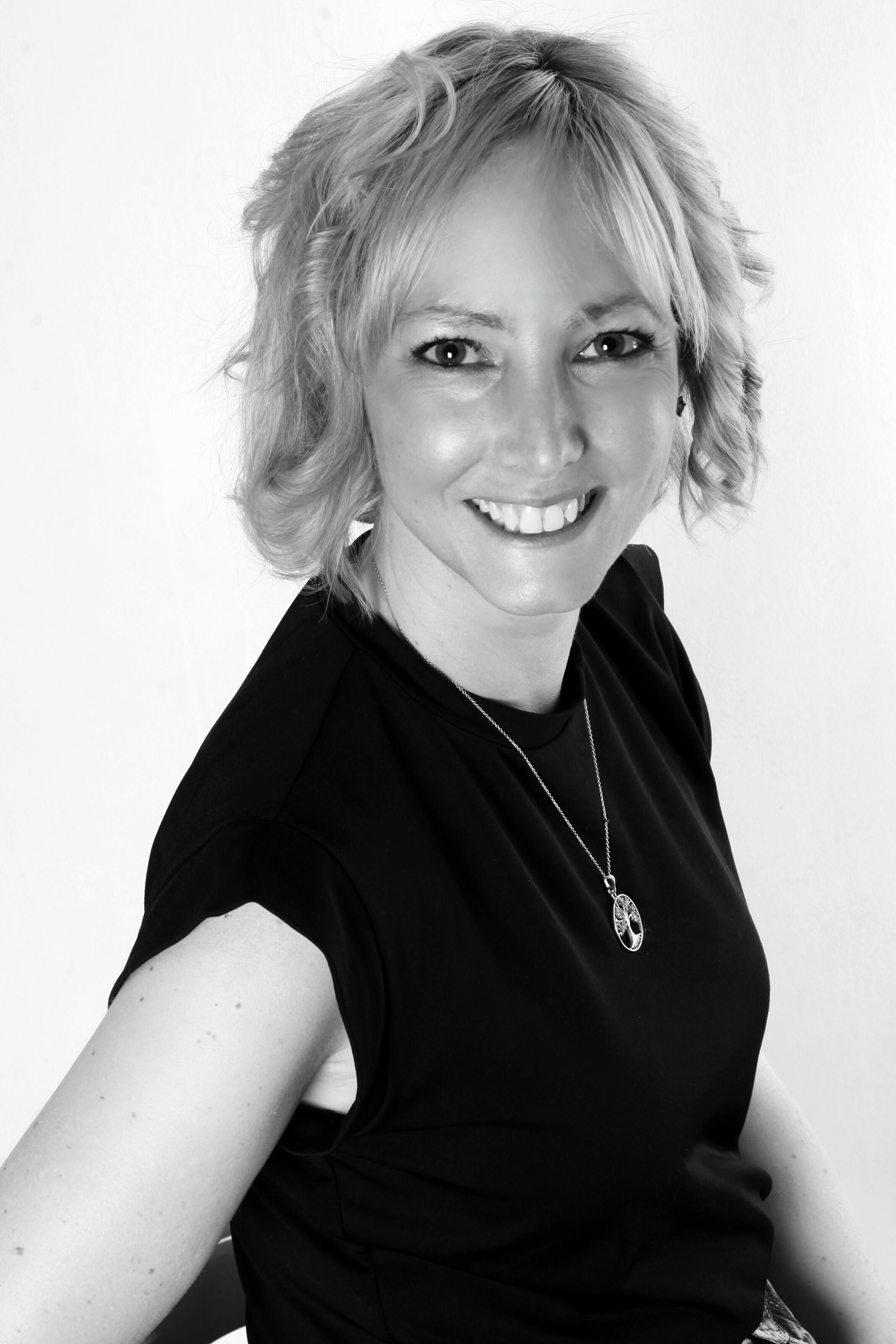 A black and white image of Jenna Jones