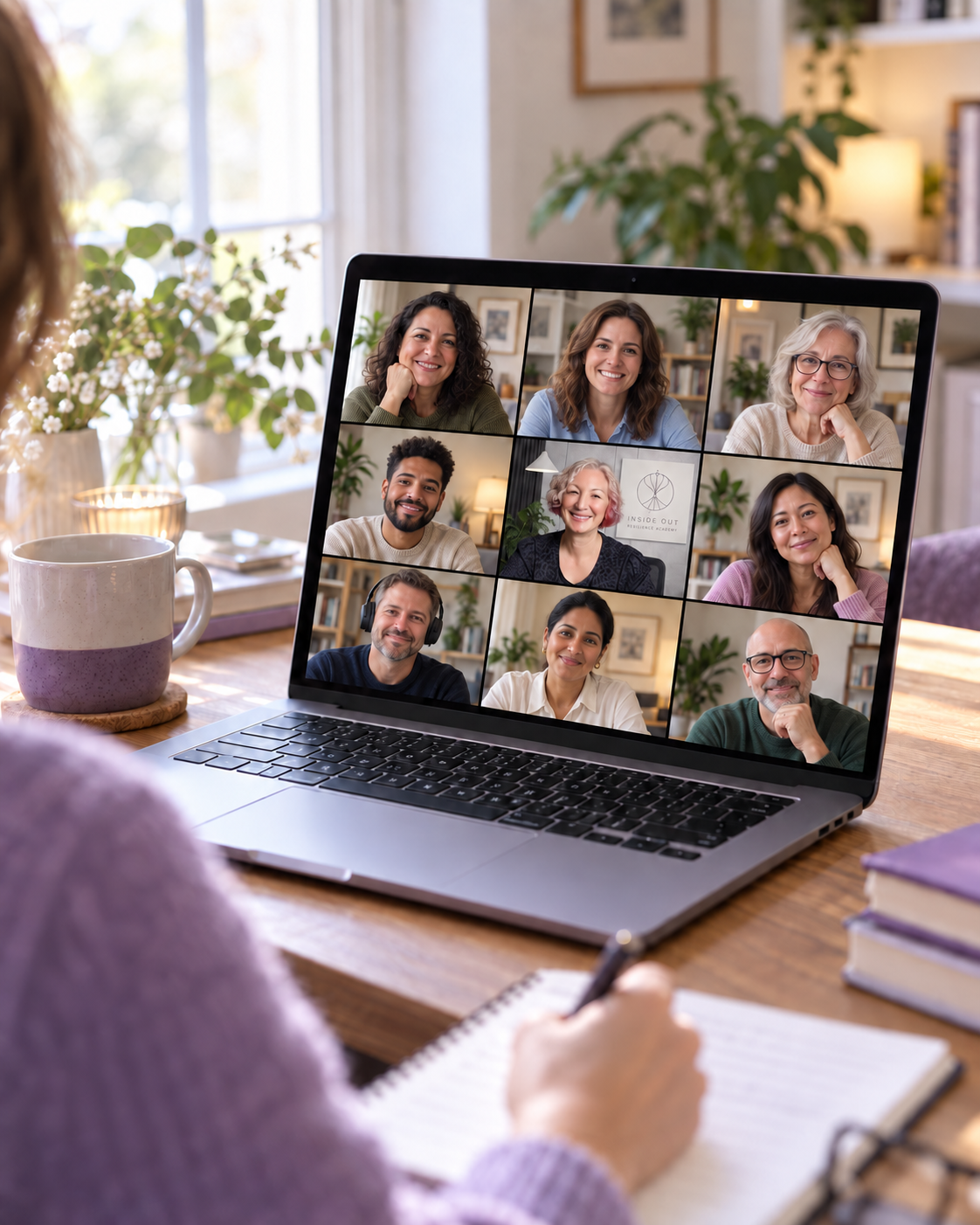 A practitioner taking notes at her desk during an online group session, with eight people shown on the laptop screen.