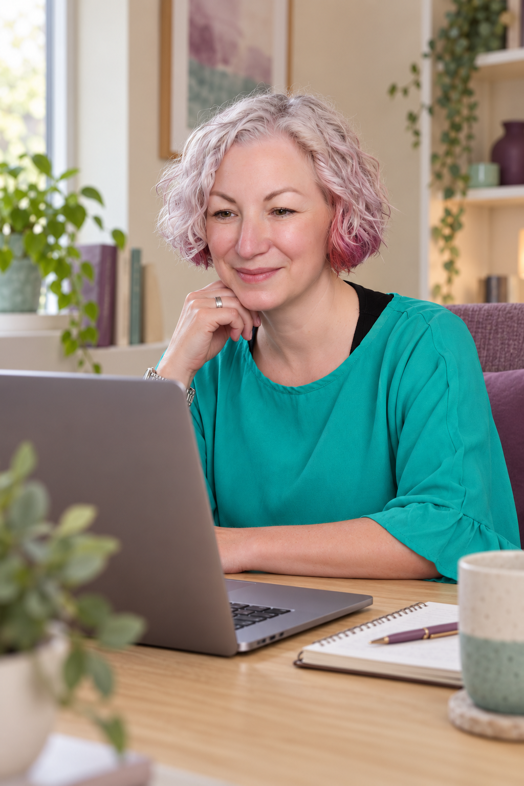 Rachael smiling at her laptop during an online mentoring session in a warmly lit office.