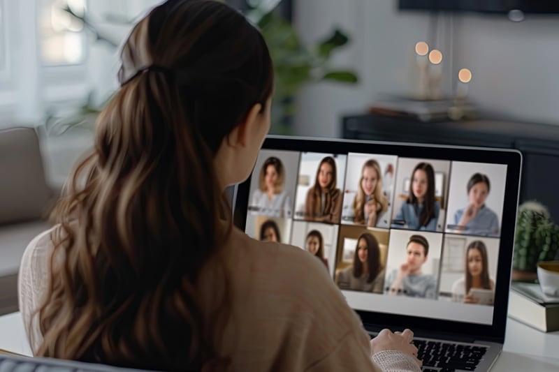 A woman seen from behind at a desk at home, attending a video call with eight participants shown on her laptop screen