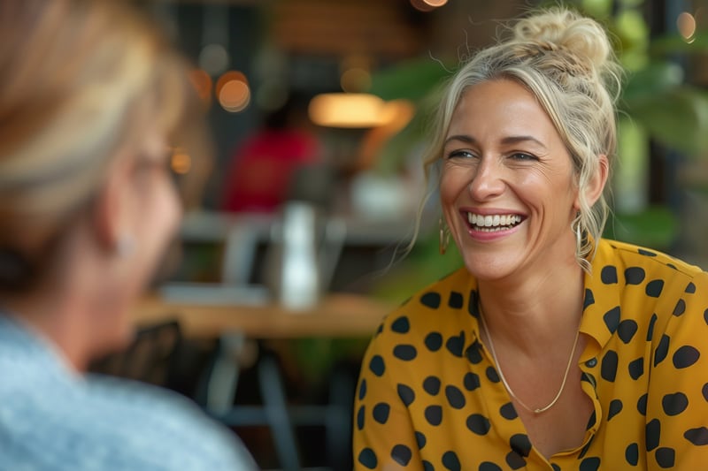 A smiling woman in a yellow spotted blouse laughing during a conversation at a cafe table with another person