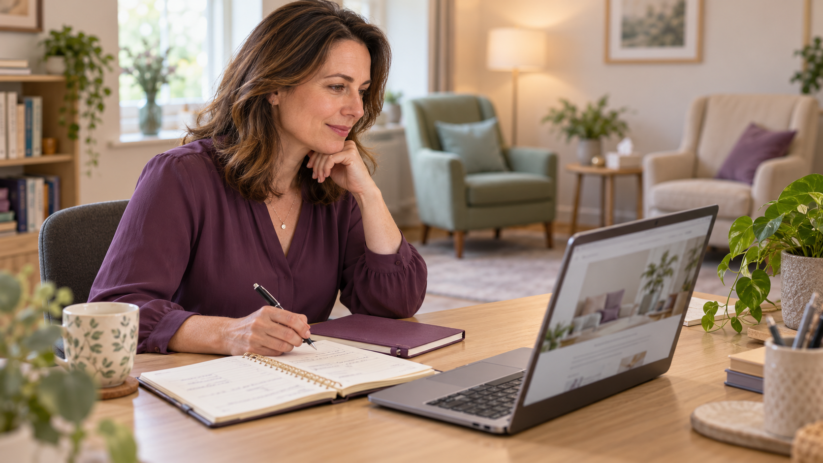 Practitioner reviewing a therapy website at her desk.