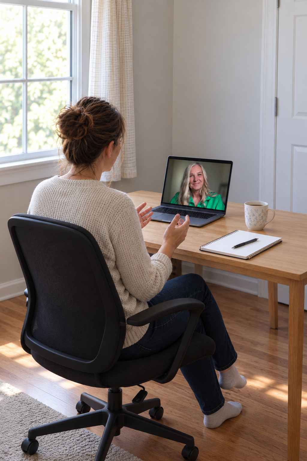 Michelle leading an online mentoring session, seen from behind her desk with a practitioner smiling on the laptop screen.