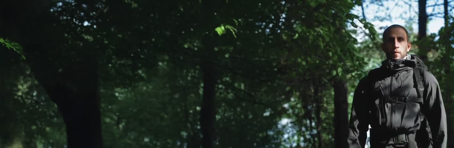 a man in a dark jacket and backpack standing in a wooded area, wide cinematic crop