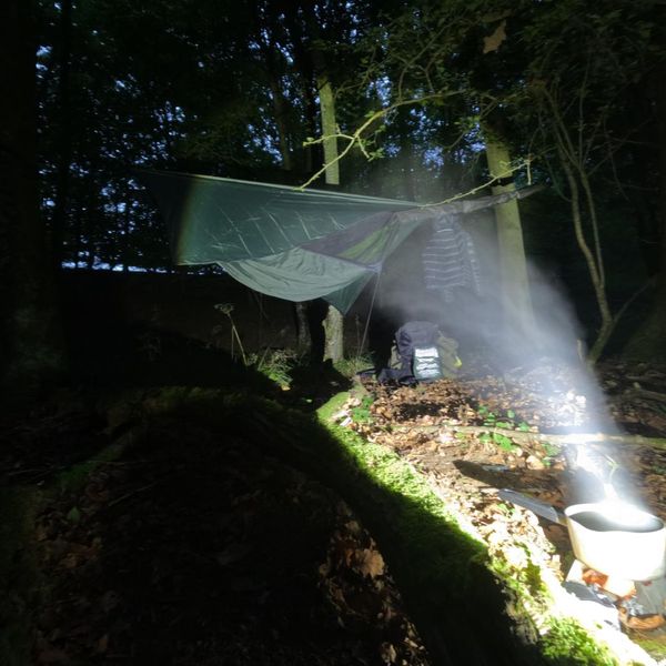 nighttime hammock and tarp camp setup in woodland with cooking pot and backpack